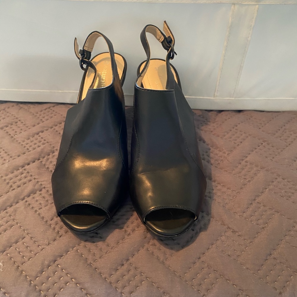Black open-toed business heels